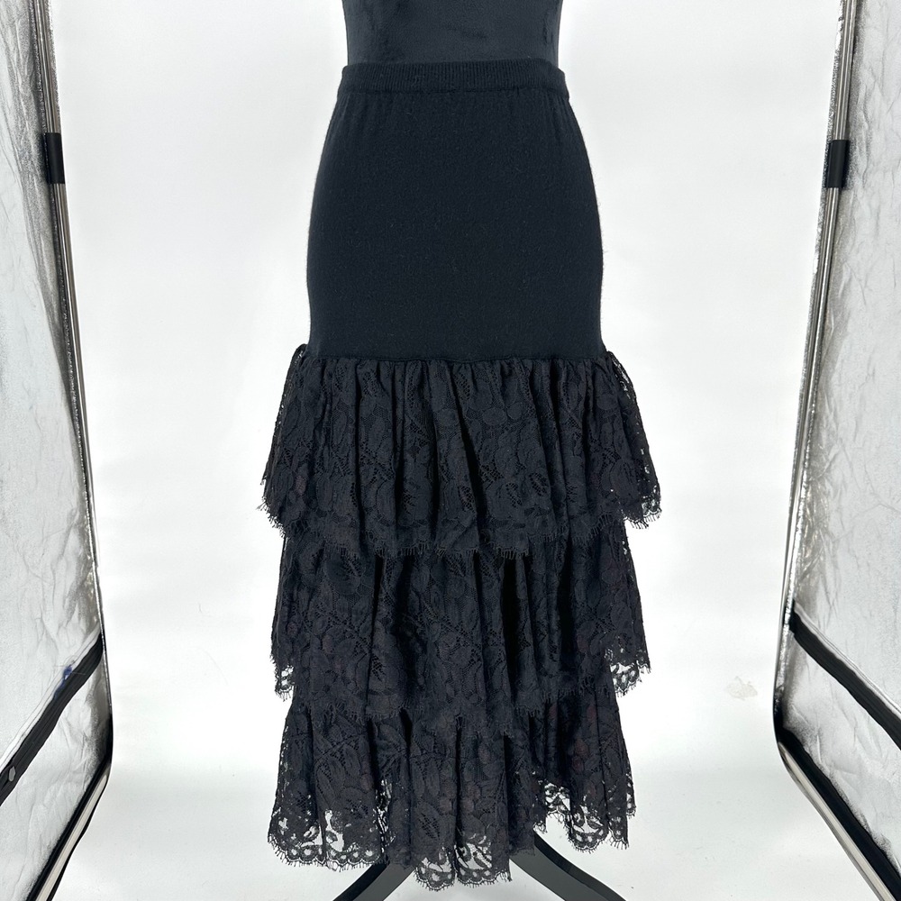 Adrienne Vittadini Black Tiered Ruffle Lace Maxi Skirt Knit Wool Whimsygoth M - Picture 3 of 7